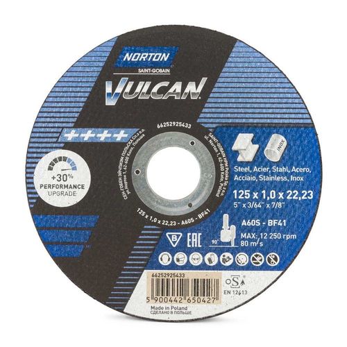 10 discos corte amoladora Vulcan metal inox 125x1x22,23 mm Norton